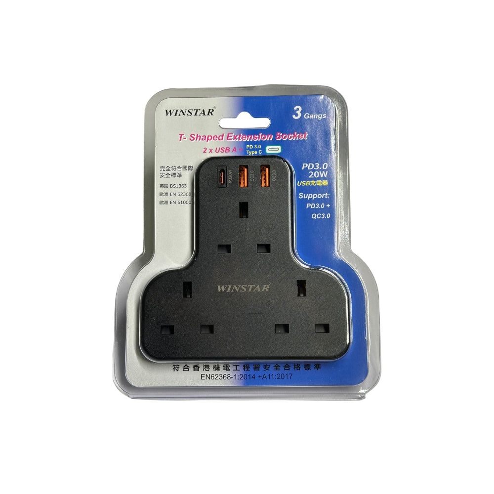 Winstar WW07-G3c-PD Smart Fast Charger PD20W 3-Position T-Socket 3x13A+2xUSB-A+1xUSB-C