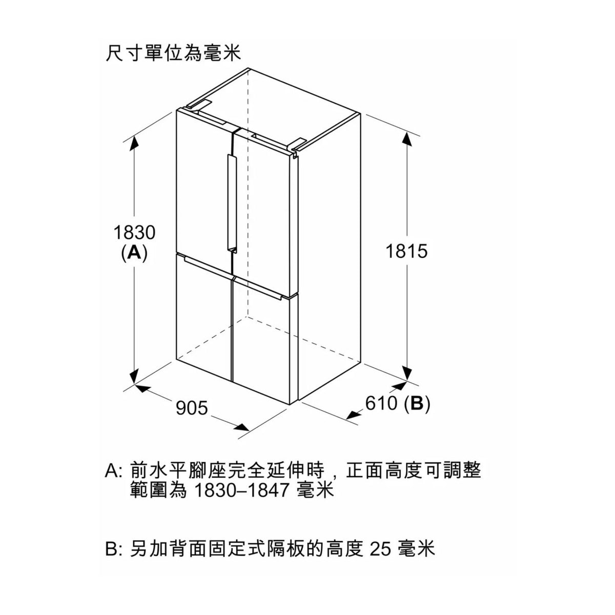 Bosch 博世 KFN96APEAG 593公升 Series 4 歐式四門雪櫃 尺寸圖1
