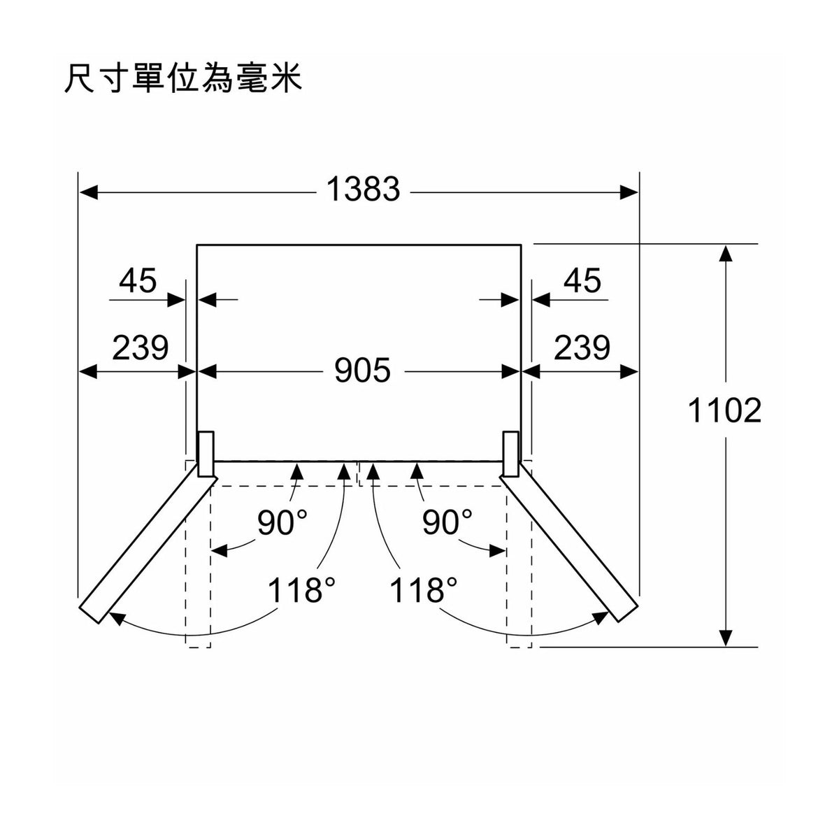 Bosch 博世 KFN96APEAG 593公升 Series 4 歐式四門雪櫃 尺寸圖3